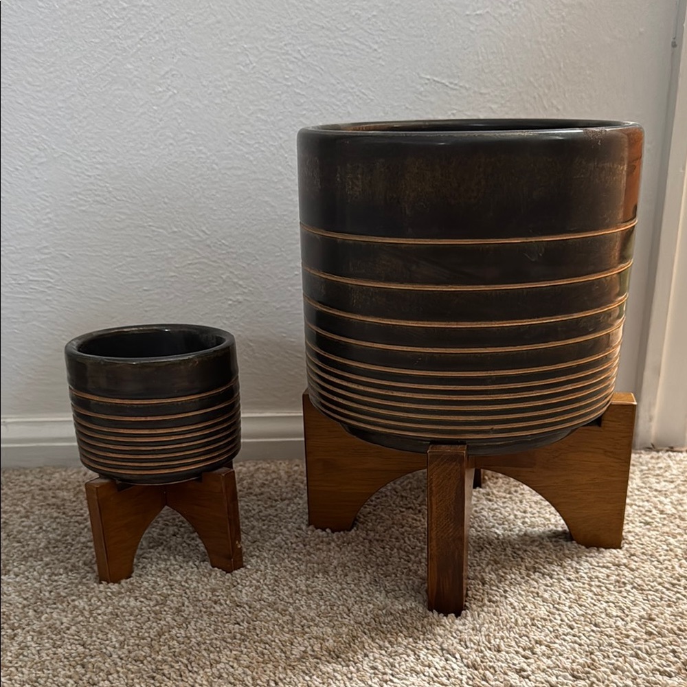 West Elm Set of Two Black with Gold Stripes Planters with Stands MCM